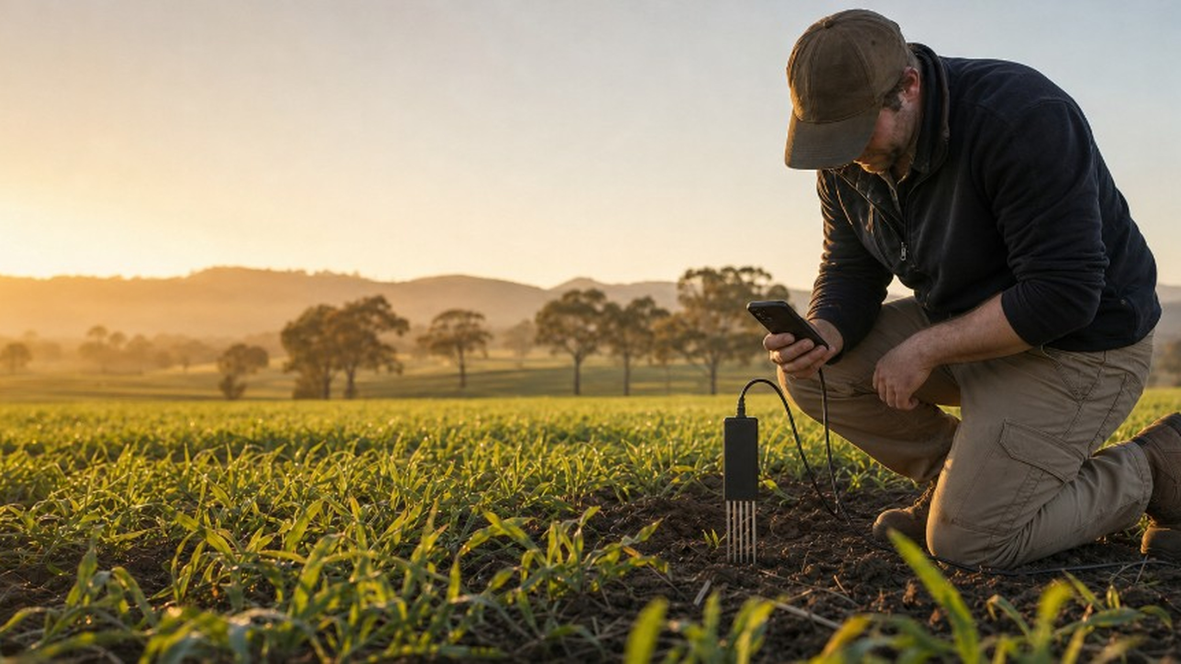 A grower using TerraTactics Field Intelligence on a phone in the paddock beside TerraProbe
