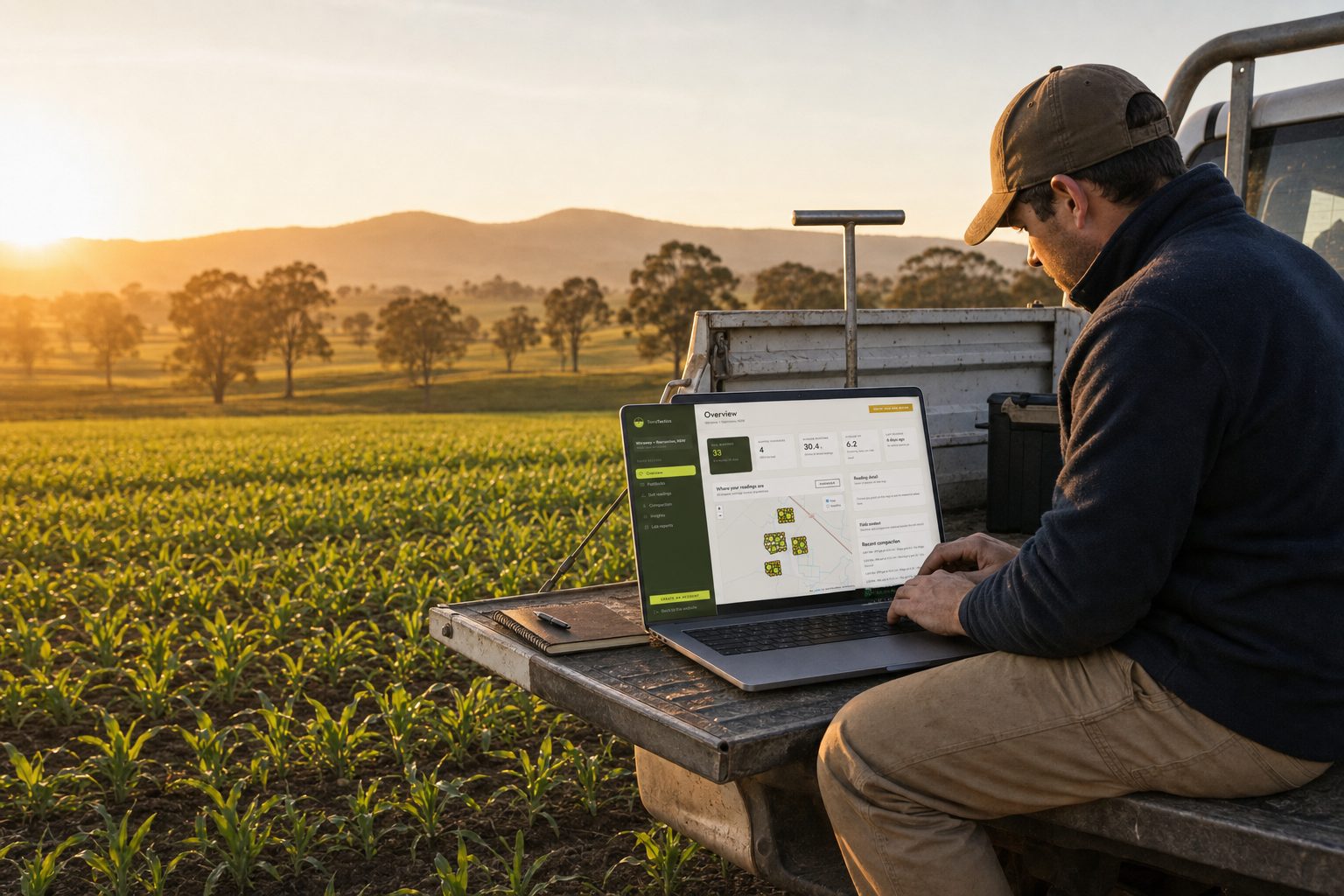 A grower reviewing TerraPortal on a laptop in the ute tray at the paddock edge
