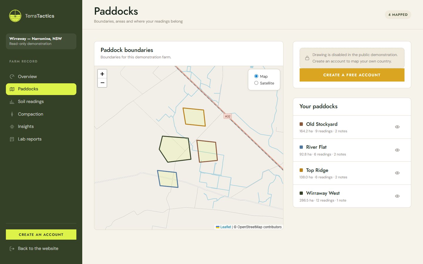 TerraPortal paddock map with four drawn boundaries, areas and reading counts