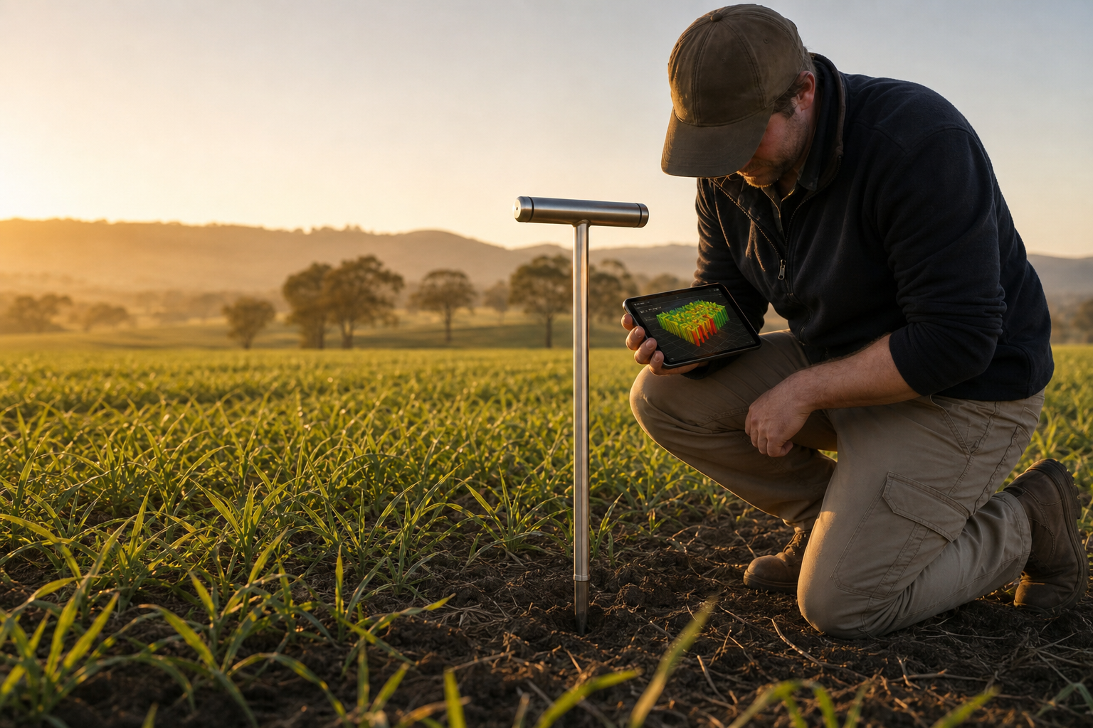 A grower reviewing a three-dimensional paddock compaction map beside a TerraSpike insertion