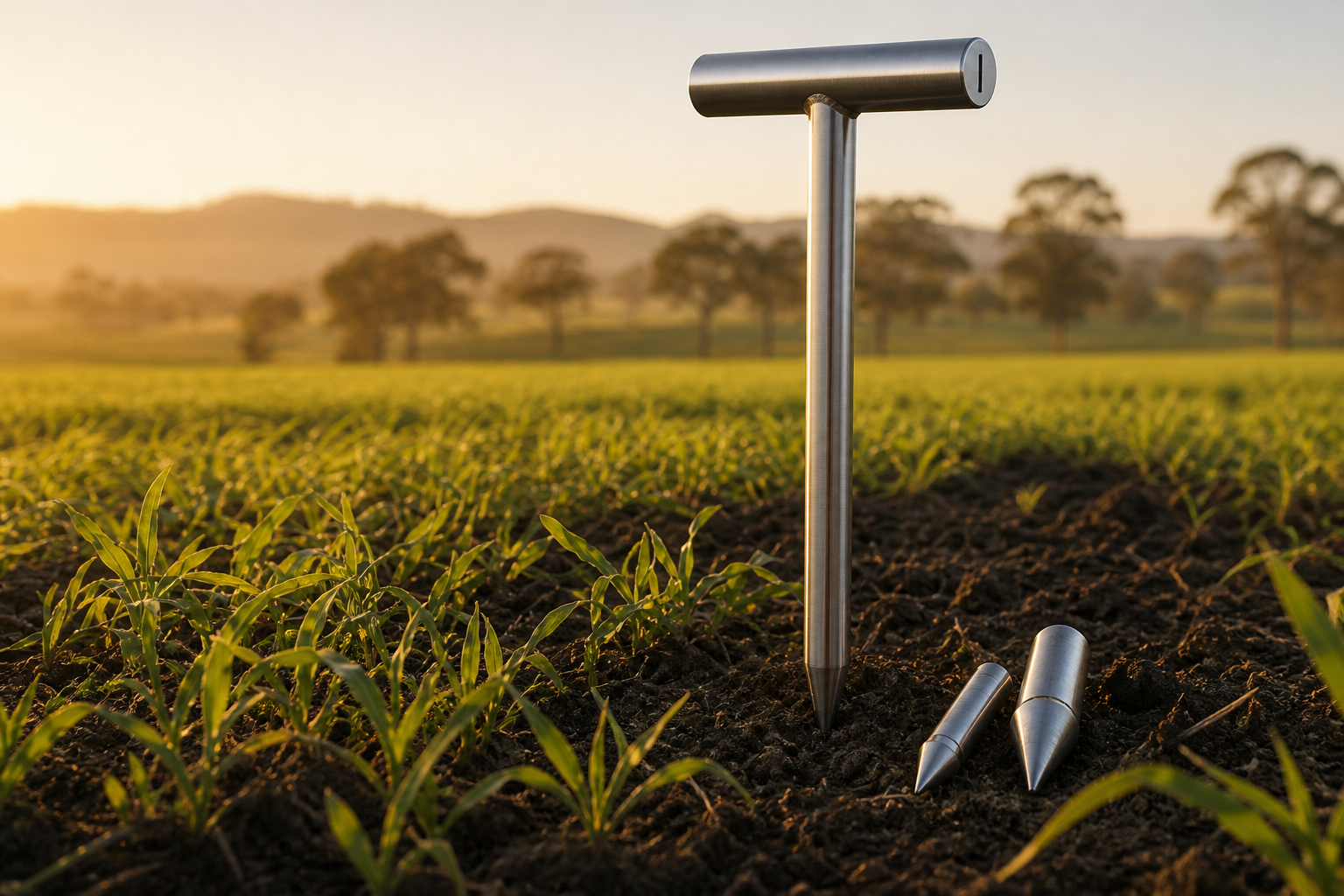 Stainless-steel TerraSpike T-handle and 600 mm shaft in the paddock, with 16 mm and 24 mm 30-degree cones